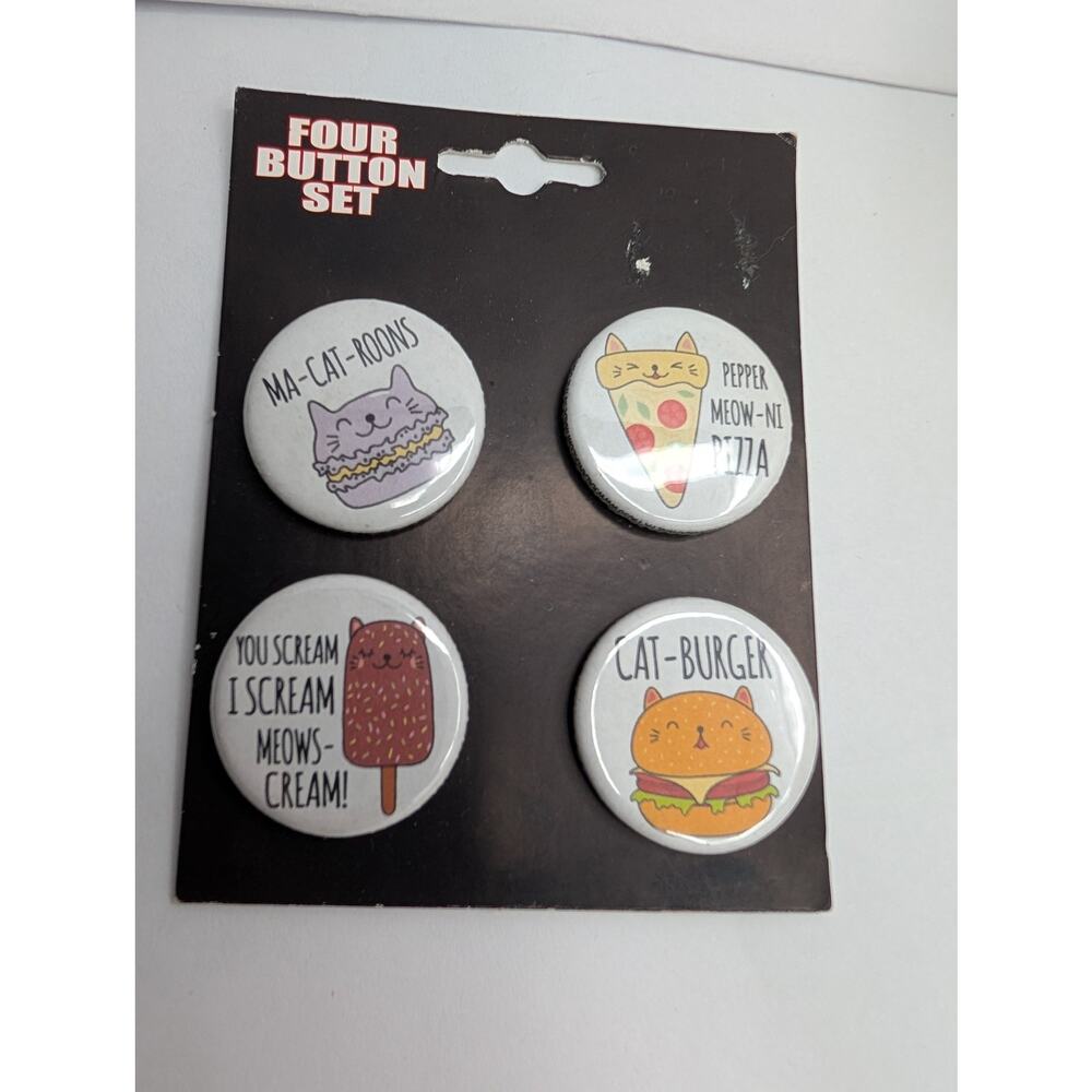Kalan Cat Food Puns Pinback Button Set 4pc Ma-cat-roons Pizza Burger Ice Cream